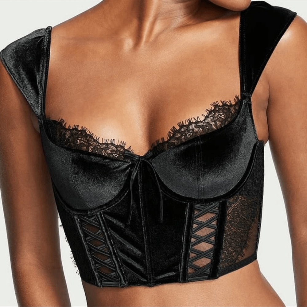 Victoria's Secret Lace & Velvet Cap-Sleeve Black Corset Top Size-M